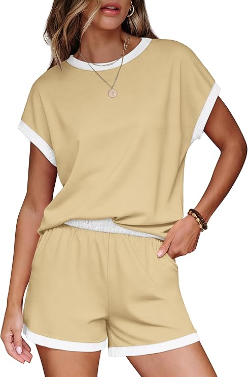 WIHOLL Two Piece Sets for Women Summer Lounge Short Sets Cap Sleeve Crew Neck Sweatsuit with Pocket XS-2XL