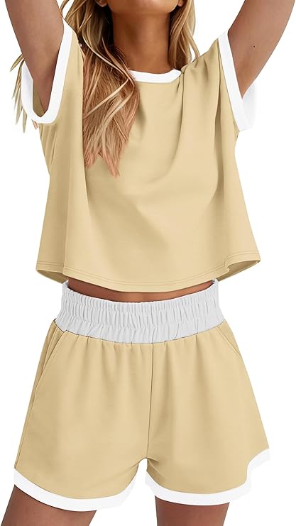 WIHOLL Two Piece Sets for Women Summer Lounge Short Sets Cap Sleeve Crew Neck Sweatsuit with Pocket XS-2XL