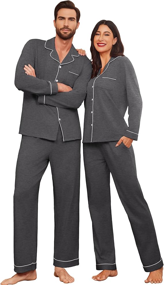 Ekouaer Couple Matching Pajamas 100% Cotton Long Sleeve Sleepwear Button Down Loungewear Pjs Set S-XXL