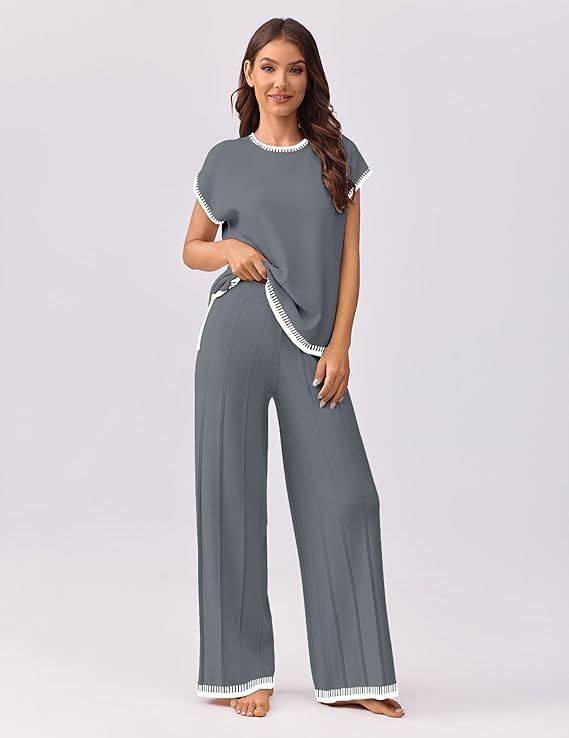 Ekouaer Womens Matching Sets Knit Sweater Sets 2 Pieces Outfits Pullover Tops Wide Legs Pants Lounge Set