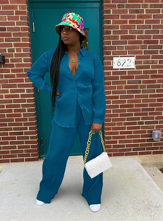 kaimimei Casual 2 Piece Outfit for Women - Linen Long Sleeve Button Down Shirt + Flare Pleated Wide Leg Pants Sets Streetwear