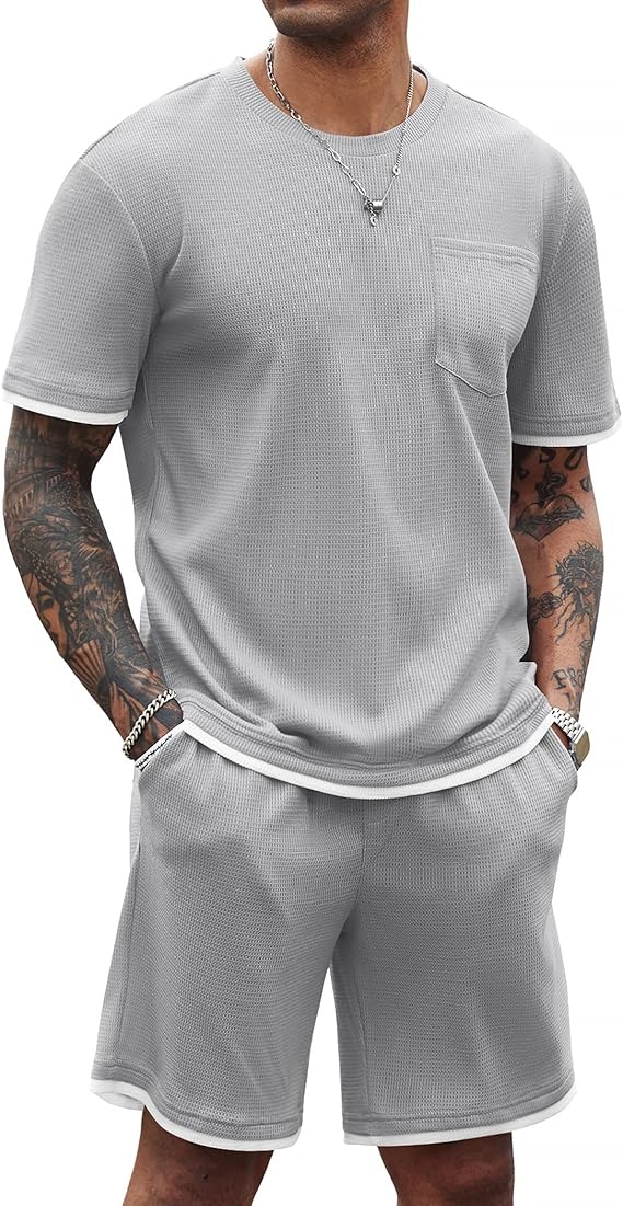 COOFANDY Men's Waffle Shirt and Shorts Set 2 Piece Outfits Casual Summer Tracksuits Set with Pockets