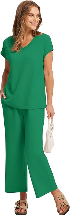 Saloogoe Two Piece Sets for Women Summer Outfits Lounge Sets V Neck Tops Wide Leg Pants Woman Vacation Travel Outfits