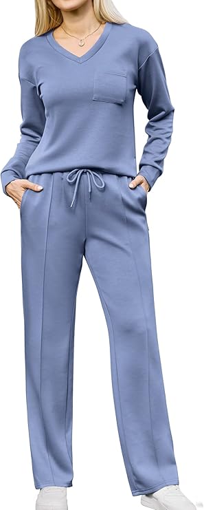 difficort Women's 2 Piece Lounge Sets Casual Travel Airport Outfits Side Slit V-Neck Tops & Wide Leg Pants Matching Set