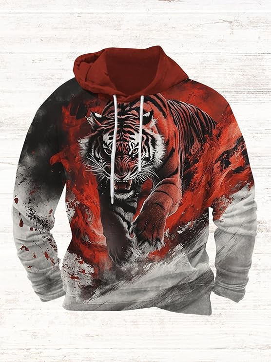 Mens Animal Print Graphic Hoodies Casual Long Sleeve Japanese Art Style Hooded Sweatshirt Lightweight Pullover Tops
