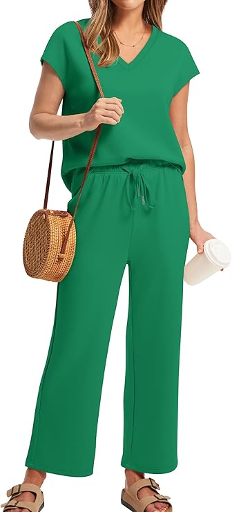Saloogoe Two Piece Sets for Women Summer Outfits Lounge Sets V Neck Tops Wide Leg Pants Woman Vacation Travel Outfits