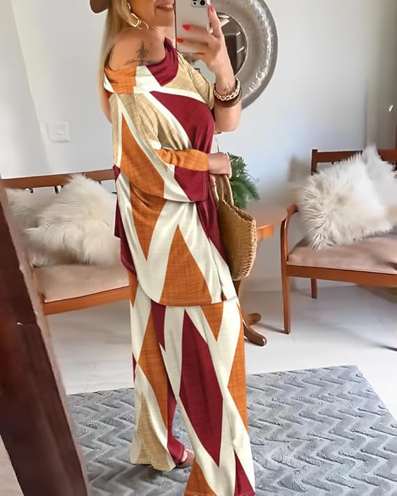 CHICME Womens 2 Piece Outfits Off The Shoulder Printed Batwing Long Sleeve Tops and Wide Leg Pants Matching Sets