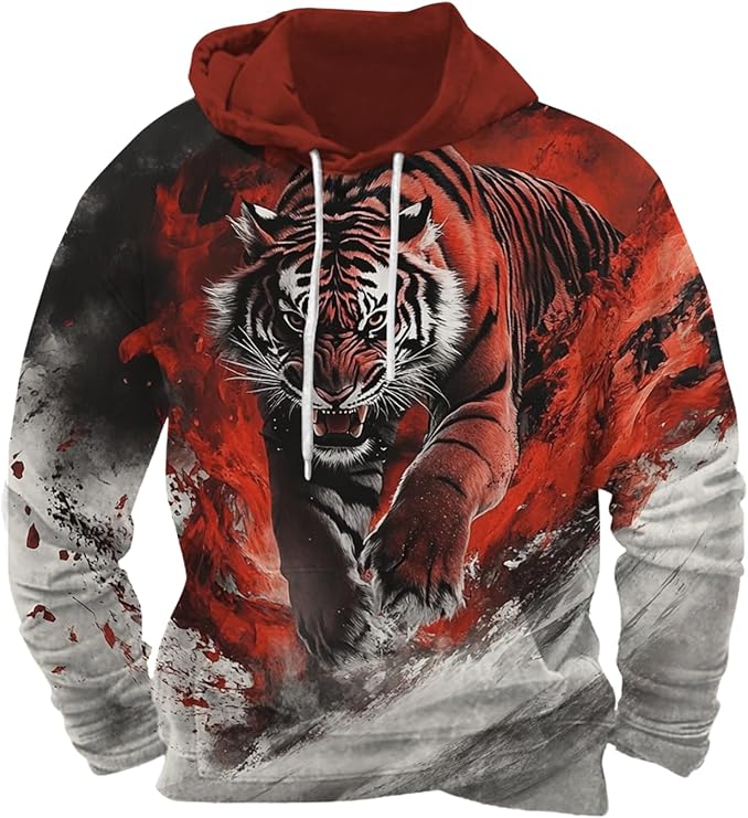 Mens Animal Print Graphic Hoodies Casual Long Sleeve Japanese Art Style Hooded Sweatshirt Lightweight Pullover Tops