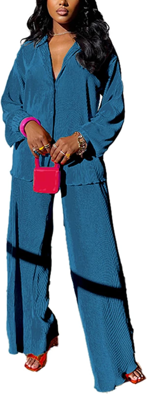 kaimimei Casual 2 Piece Outfit for Women - Linen Long Sleeve Button Down Shirt + Flare Pleated Wide Leg Pants Sets Streetwear