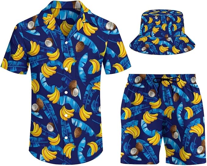 Men's Shirt Hawaiian Outfit Set Beach Shirt and Shorts with Bucket Hats 3 Piece Beach Tropical Hawaii Suits