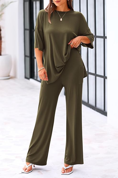 KIRUNDO Womens 2 Piece Outfits 2025 Summer Casual Loose Short Sleeve Pullover Tops & Wide Leg Pants Lounge Sets Tracksuit