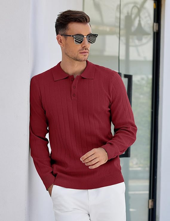 COOFANDY Mens Knit Polo Sweater Long Sleeve Polos Lightweight Casual Dress Pullover Sweaters