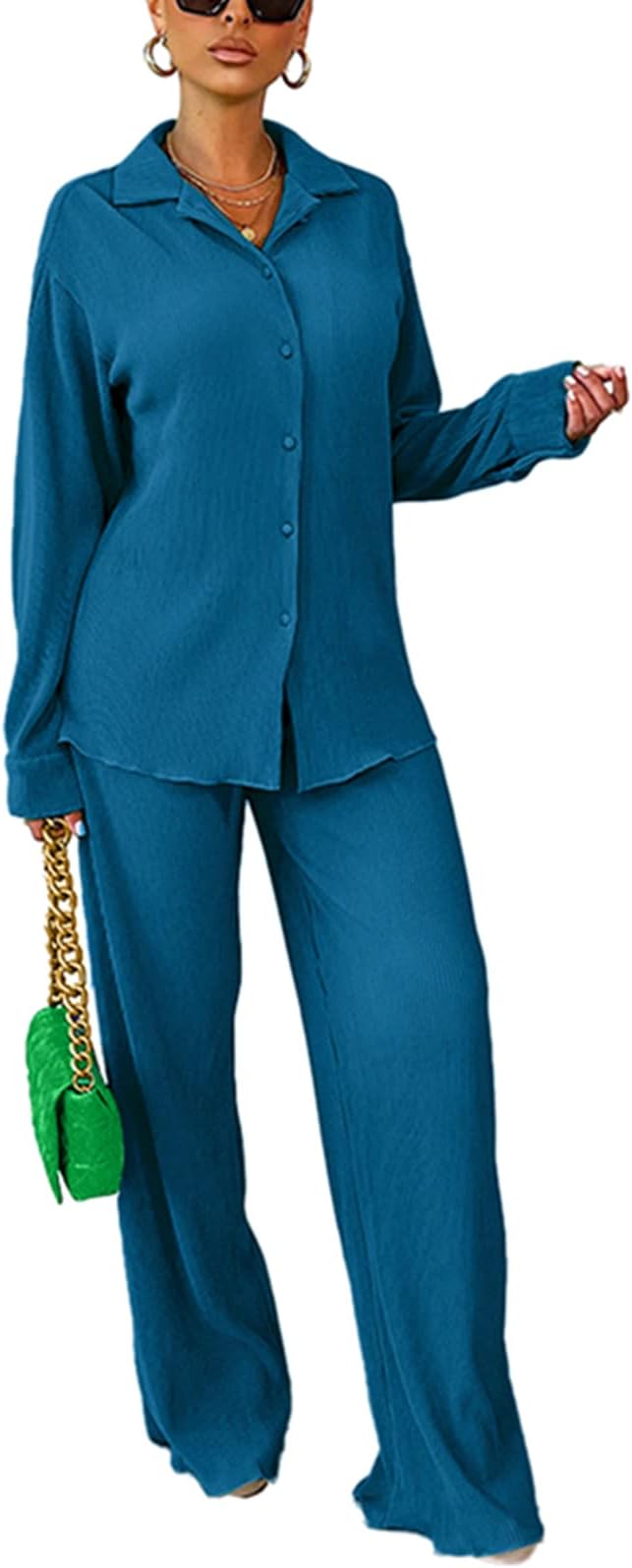 kaimimei Casual 2 Piece Outfit for Women - Linen Long Sleeve Button Down Shirt + Flare Pleated Wide Leg Pants Sets Streetwear