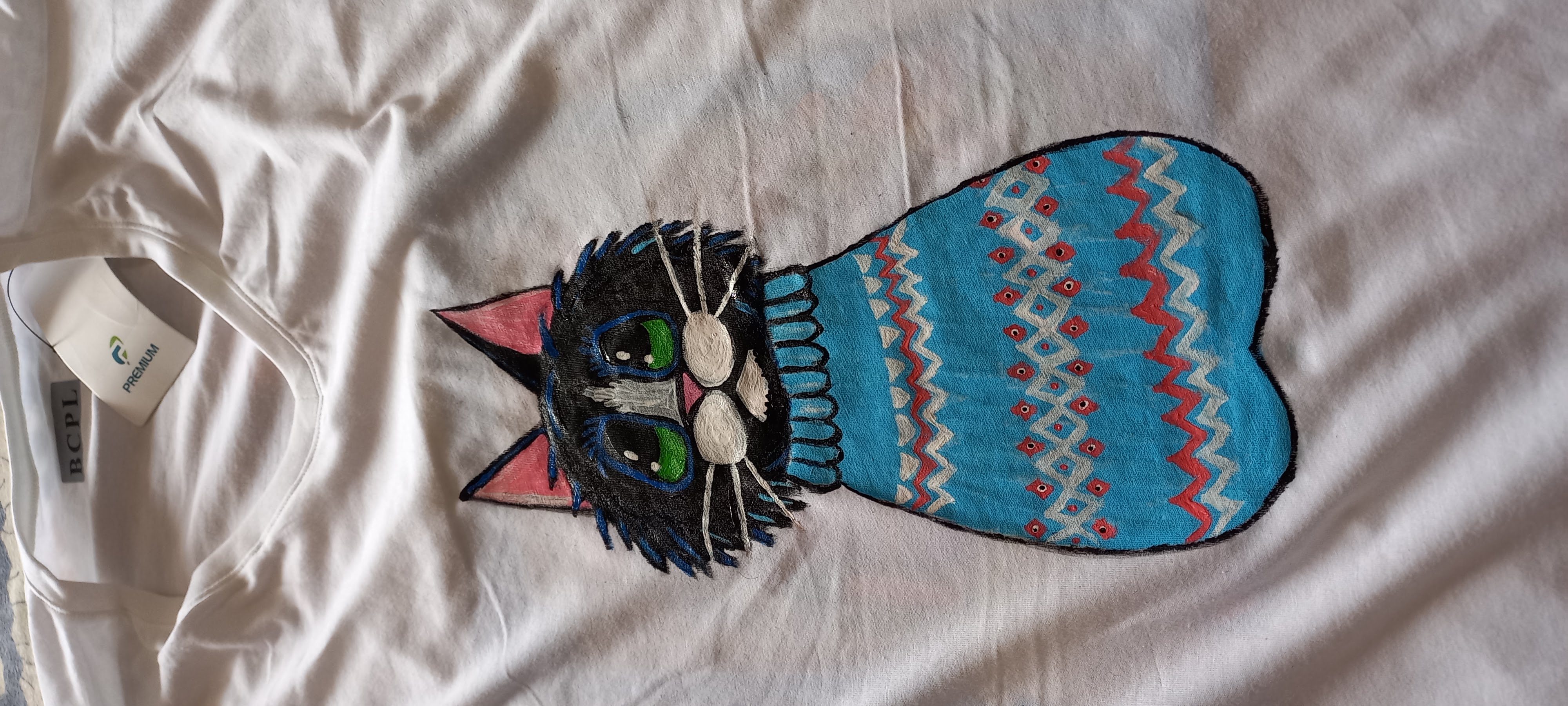 Cat Fabric Art Hand painted T-Shirt