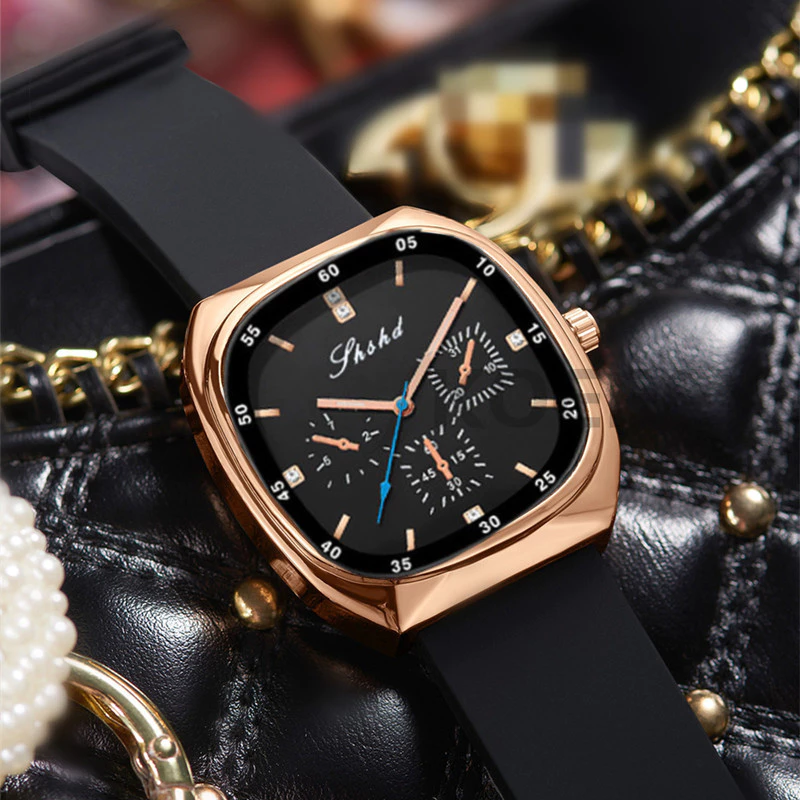 Unisex Waterproof Fashion Quartz Watch — Women’s Square Dial, Genuine Silicone Strap, Elegant Design — Women Watch.