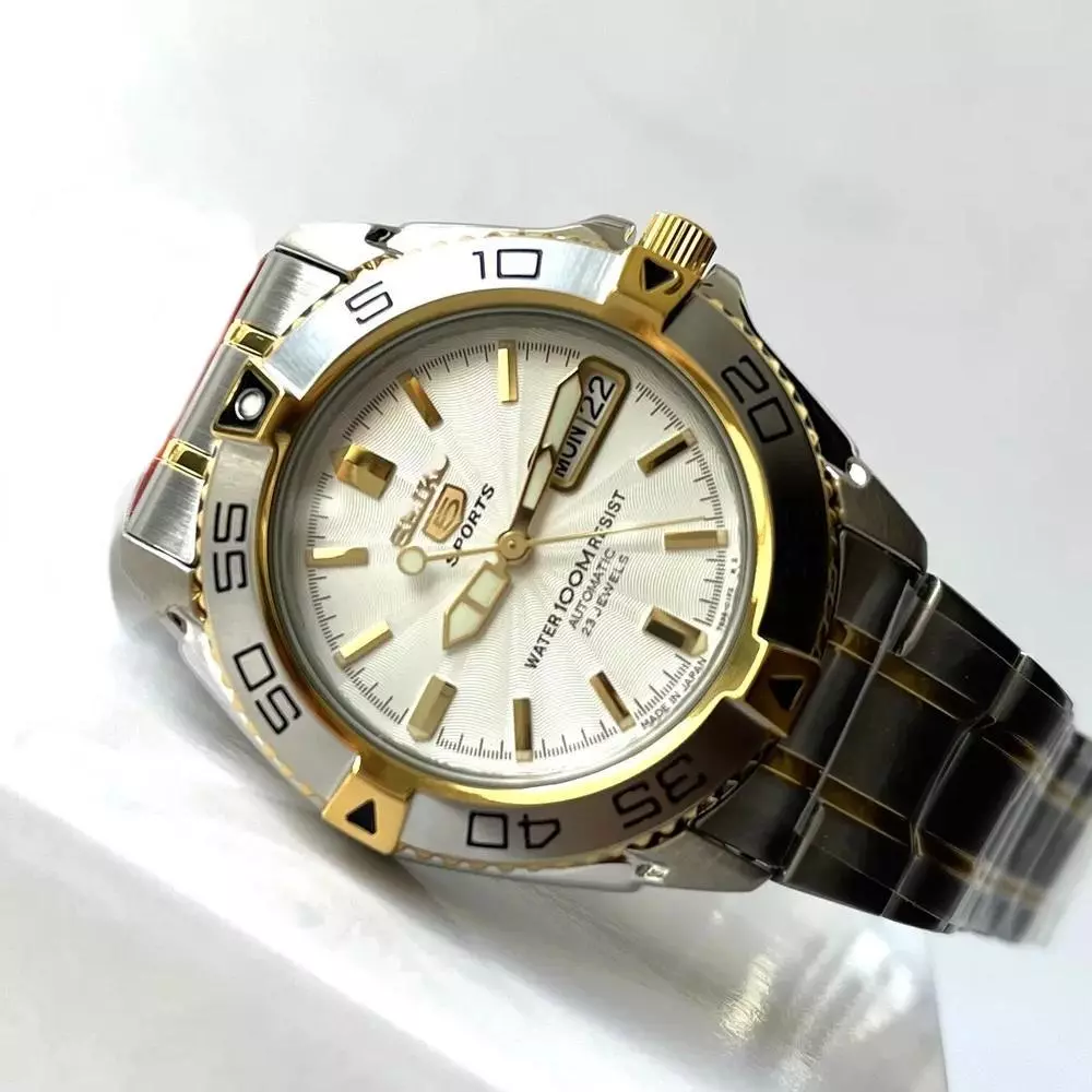 Seiko 5 Sports Expensive With Day & Date Automatic Hand Movement White Dial Watch For Men(Two-Tone)