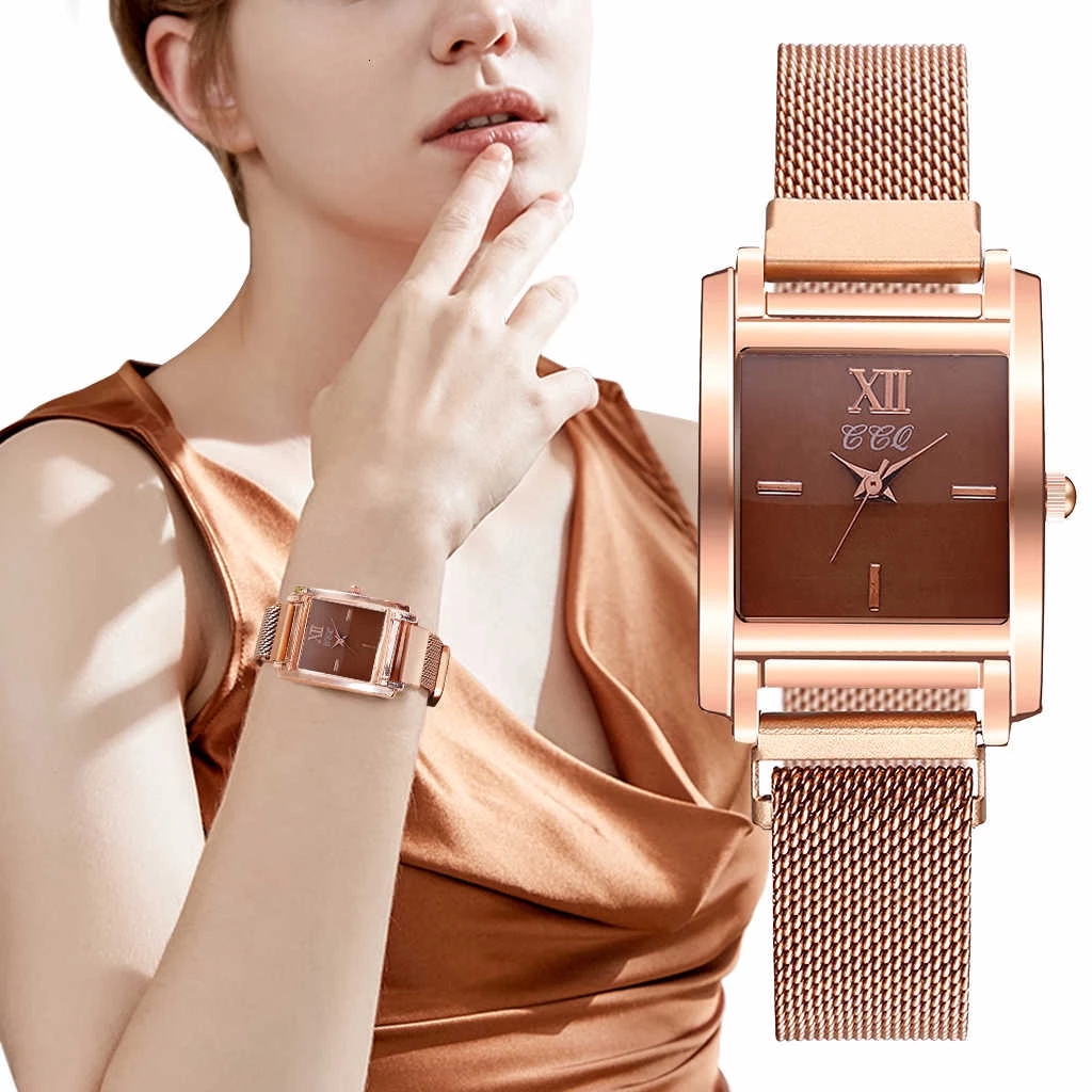 Women’s Magnet Buckle Simple Roma Dial Watch — Square Case, Quartz Design, Ready Stock.
