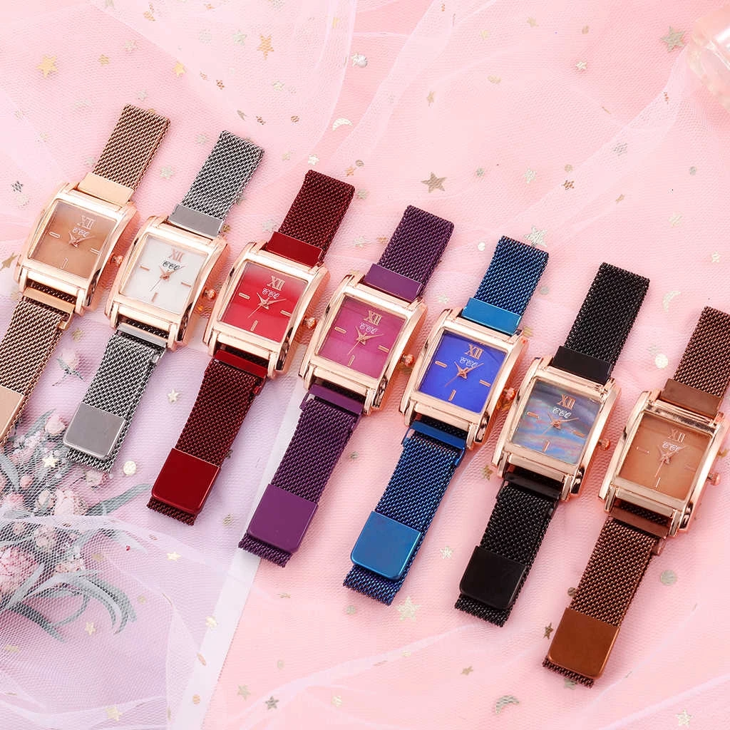 Women’s Magnet Buckle Simple Roma Dial Watch — Square Case, Quartz Design, Ready Stock.