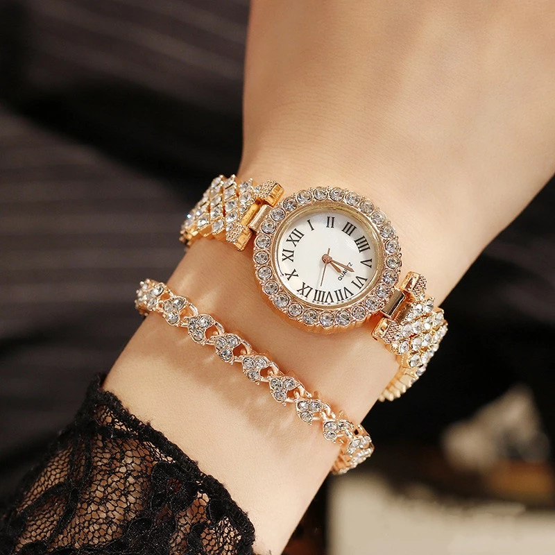 Elegant Simulated Zircon Roman Dial Quartz Watch — Stainless Steel Band for Women — Fashion.