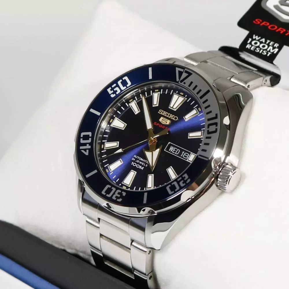 Seiko 5 Automatic Sports Watch — 24 Jewels, Japan, Day/Date, 100M, Silver & Blue Stainless Steel (Men’s)