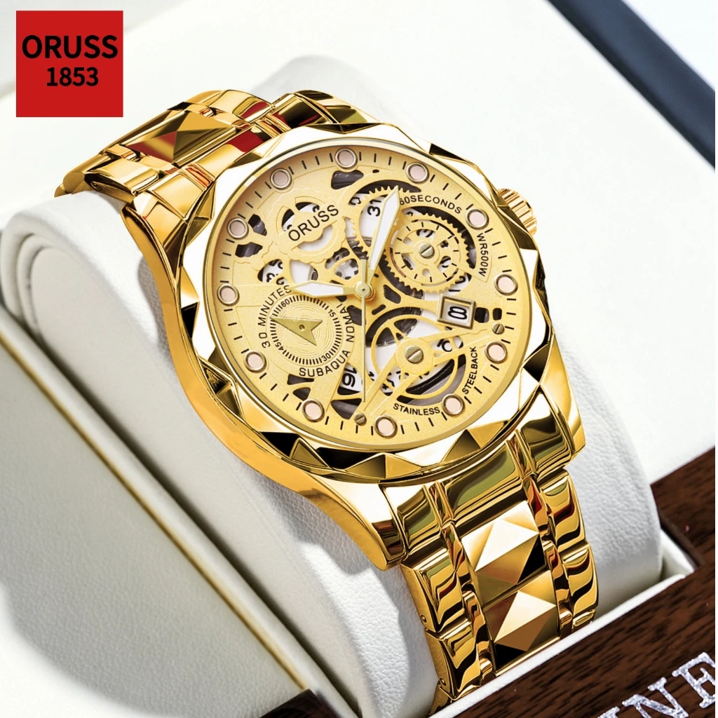 Original Men’s Luminous Hollow Stainless Steel Gold Luxury Calendar Watch — Waterproof, Analog Fashion Korean Style, With Gift Box — ORUSS.