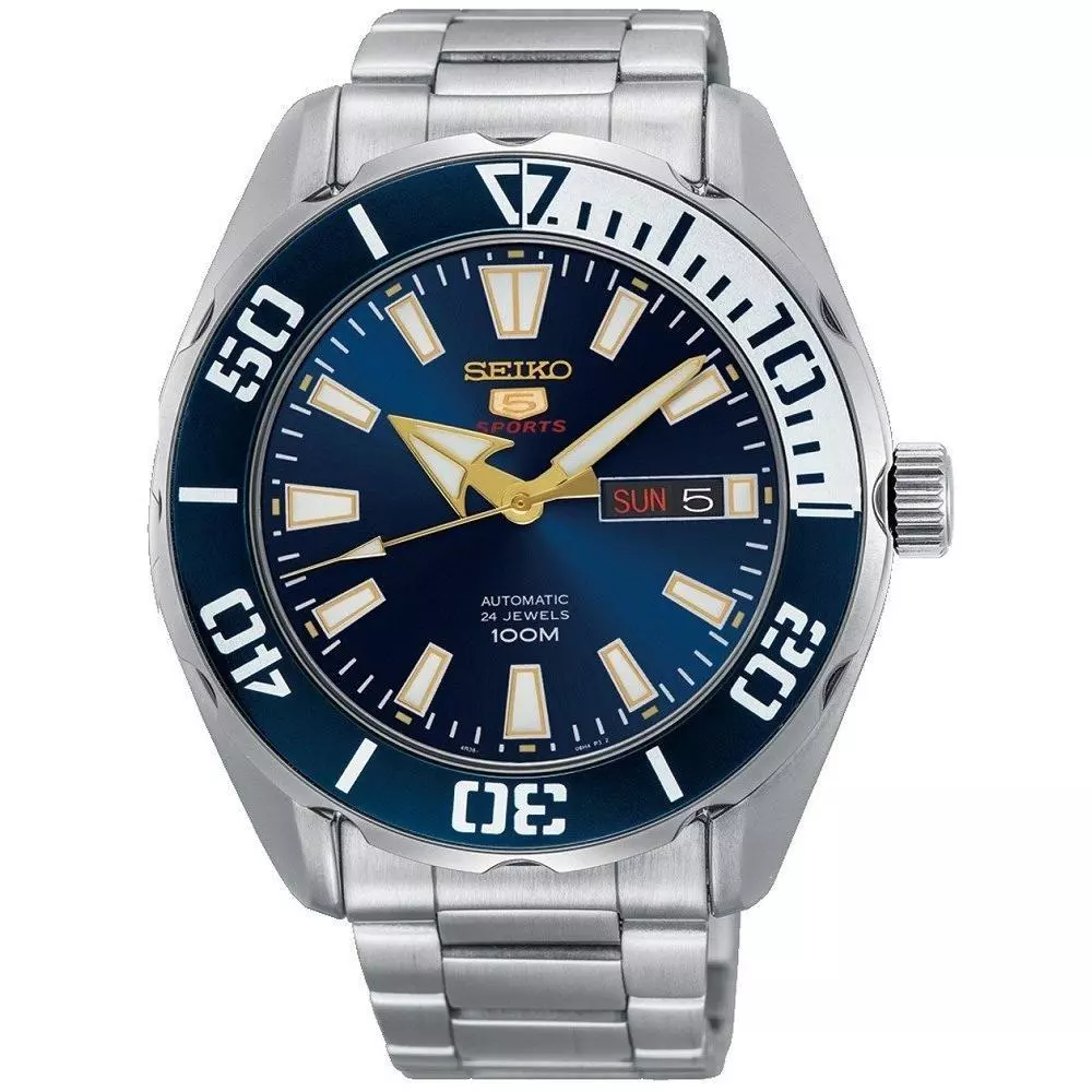 Seiko 5 Automatic Sports Watch — 24 Jewels, Japan, Day/Date, 100M, Silver & Blue Stainless Steel (Men’s)