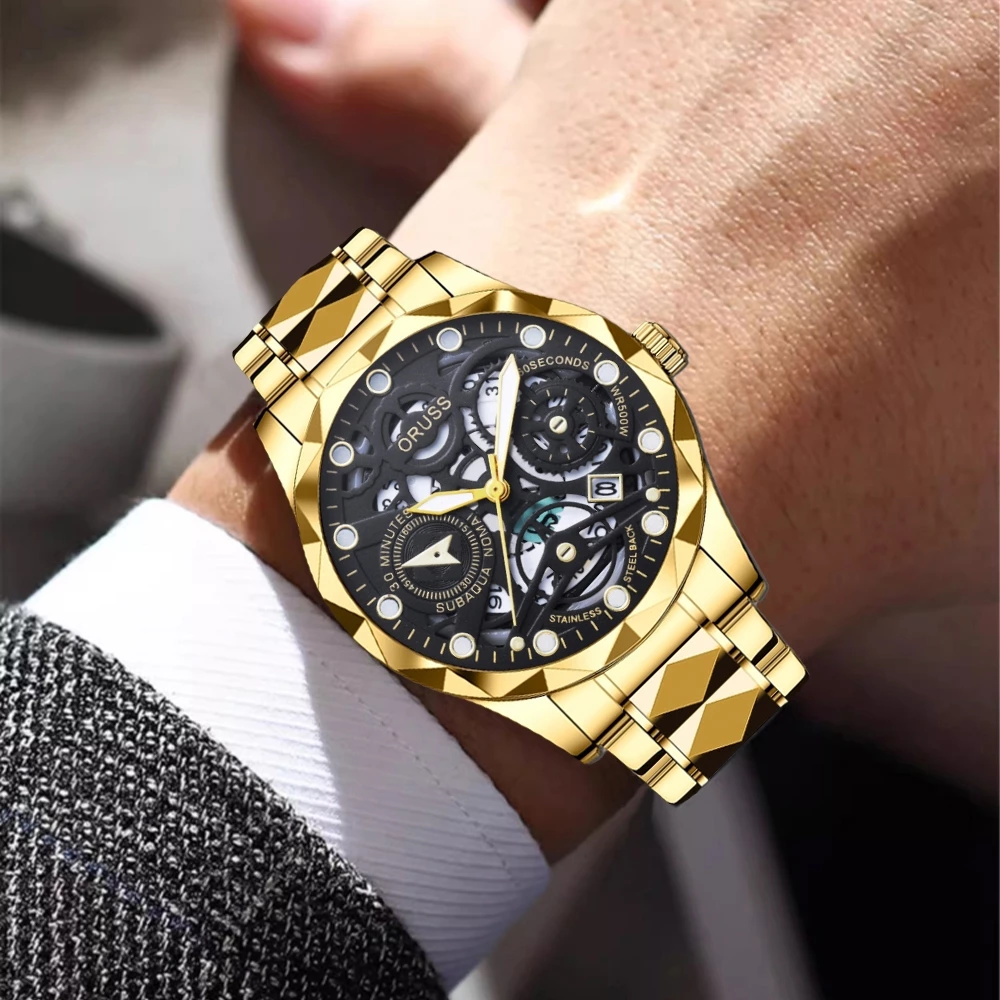 Original Men’s Luminous Hollow Stainless Steel Gold Luxury Calendar Watch — Waterproof, Analog Fashion Korean Style, With Gift Box — ORUSS.