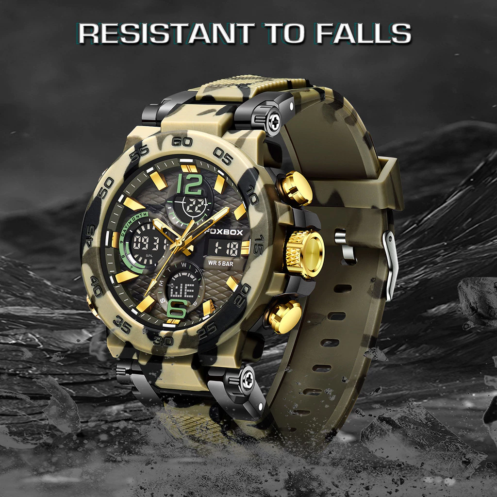 Men’s Waterproof LED Sport Watch with Silicone Band — FOXBOX Dual Display Digital Watch