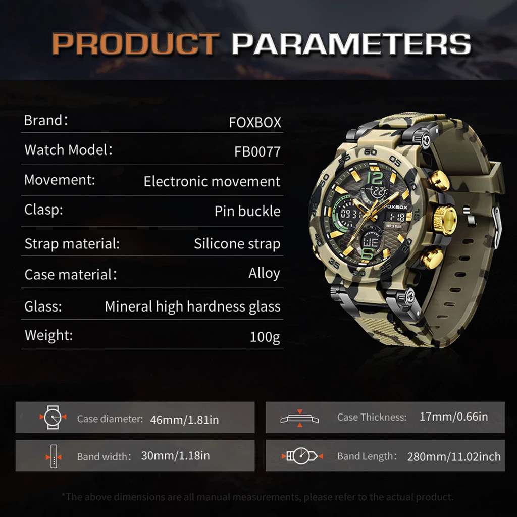 Men’s Waterproof LED Sport Watch with Silicone Band — FOXBOX Dual Display Digital Watch