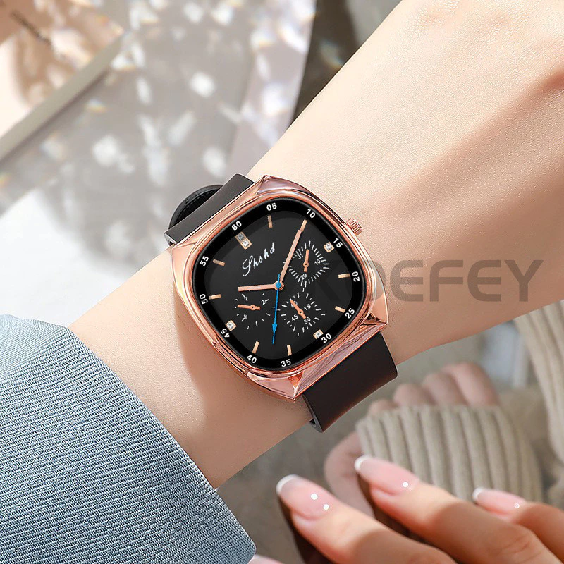Unisex Waterproof Fashion Quartz Watch — Women’s Square Dial, Genuine Silicone Strap, Elegant Design — Women Watch.