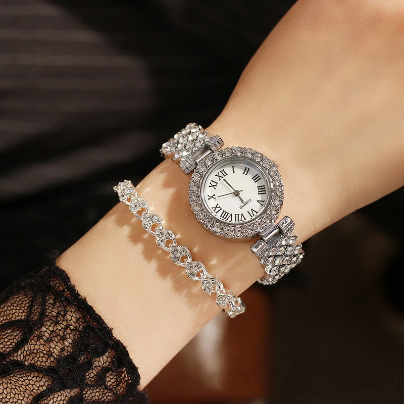 Elegant Simulated Zircon Roman Dial Quartz Watch — Stainless Steel Band for Women — Fashion.