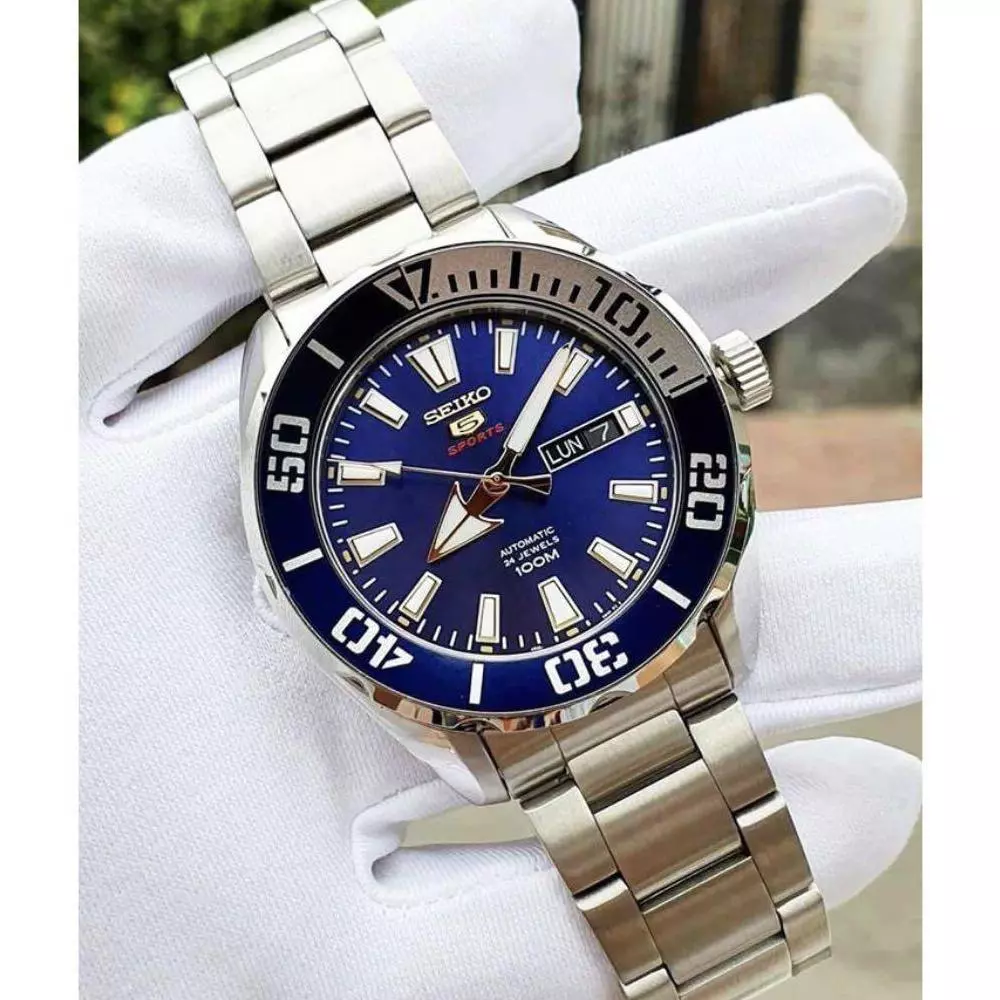 Seiko 5 Automatic Sports Watch — 24 Jewels, Japan, Day/Date, 100M, Silver & Blue Stainless Steel (Men’s)