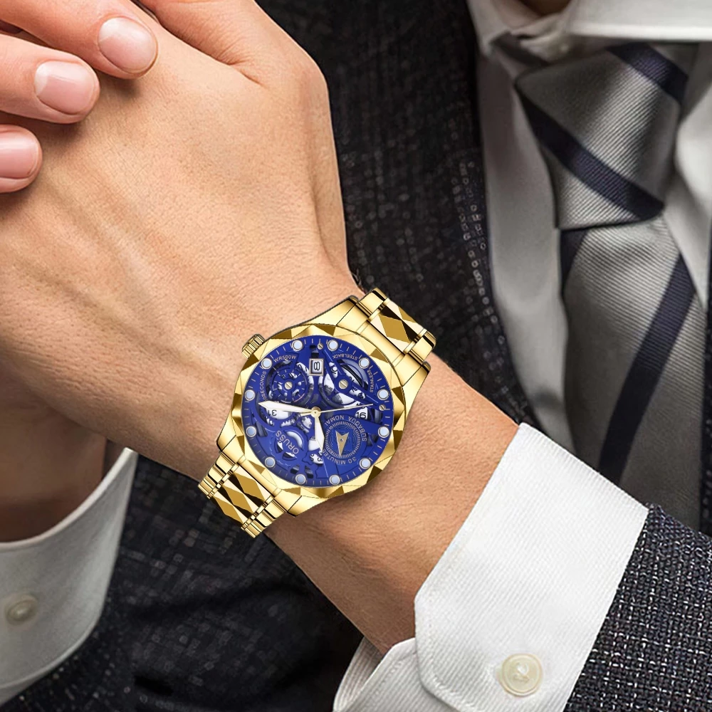 Original Men’s Luminous Hollow Stainless Steel Gold Luxury Calendar Watch — Waterproof, Analog Fashion Korean Style, With Gift Box — ORUSS.