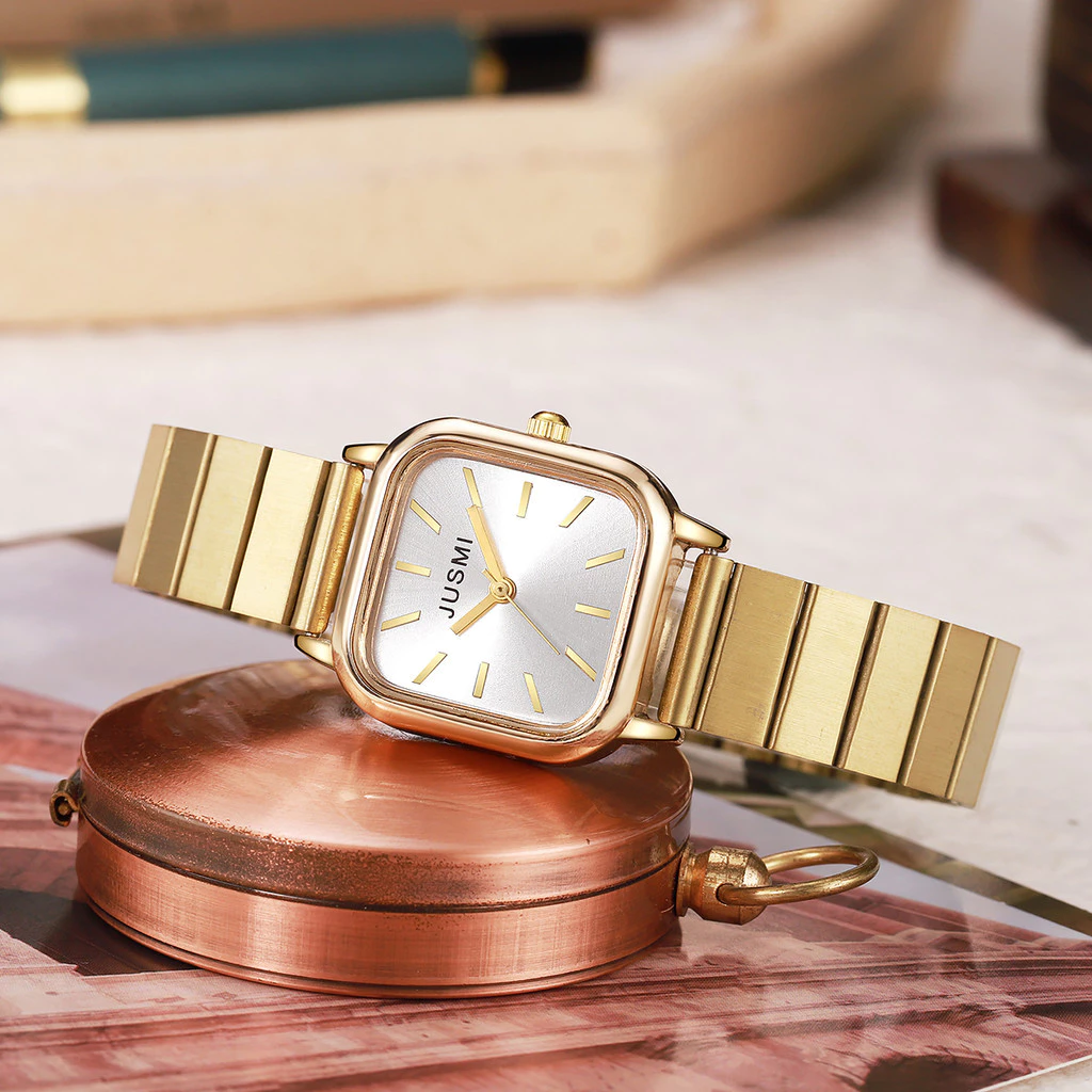Women’s Quartz Watch — Bamboo-Style Steel Strap with Rectangular Dial (1pc/set) — Elegant.