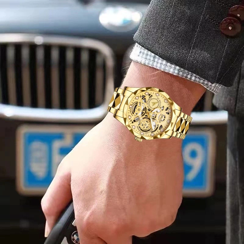 Original Men’s Luminous Hollow Stainless Steel Gold Luxury Calendar Watch — Waterproof, Analog Fashion Korean Style, With Gift Box — ORUSS.