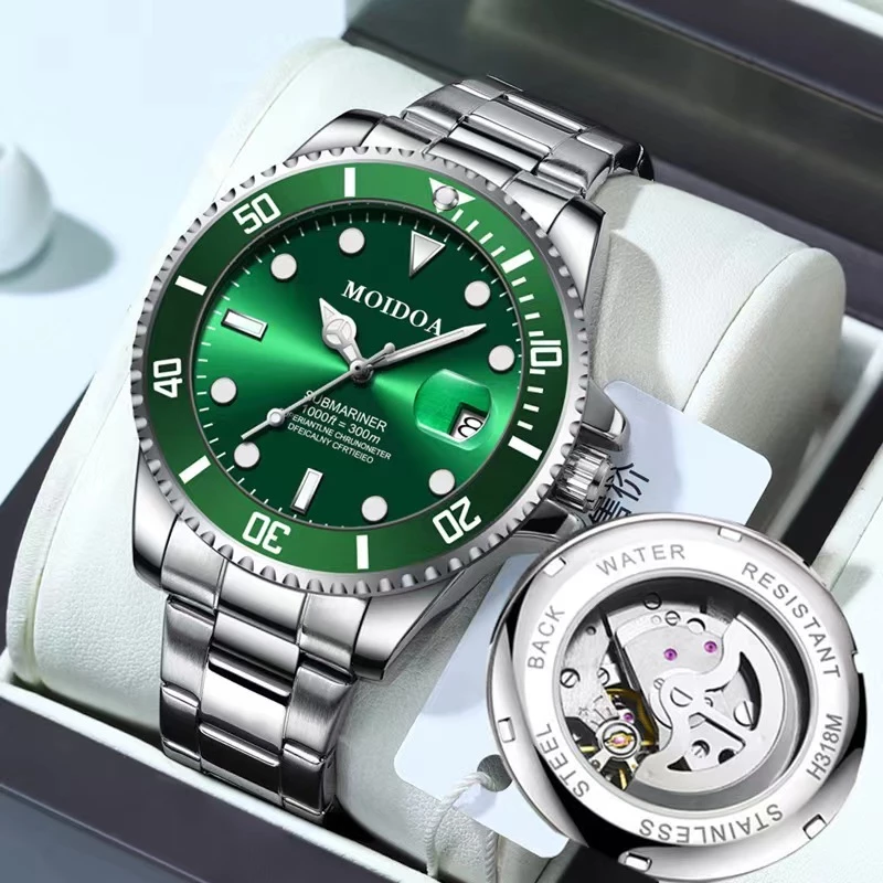 Men’s Green Water Ghost Watch — Automatic Mechanical, Luminous Night Glow, Waterproof with Calendar