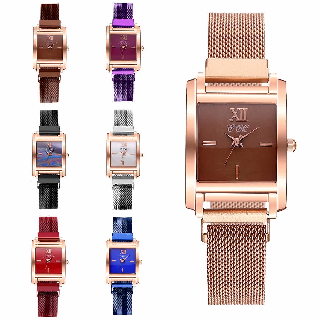 Women’s Magnet Buckle Simple Roma Dial Watch — Square Case, Quartz Design, Ready Stock.