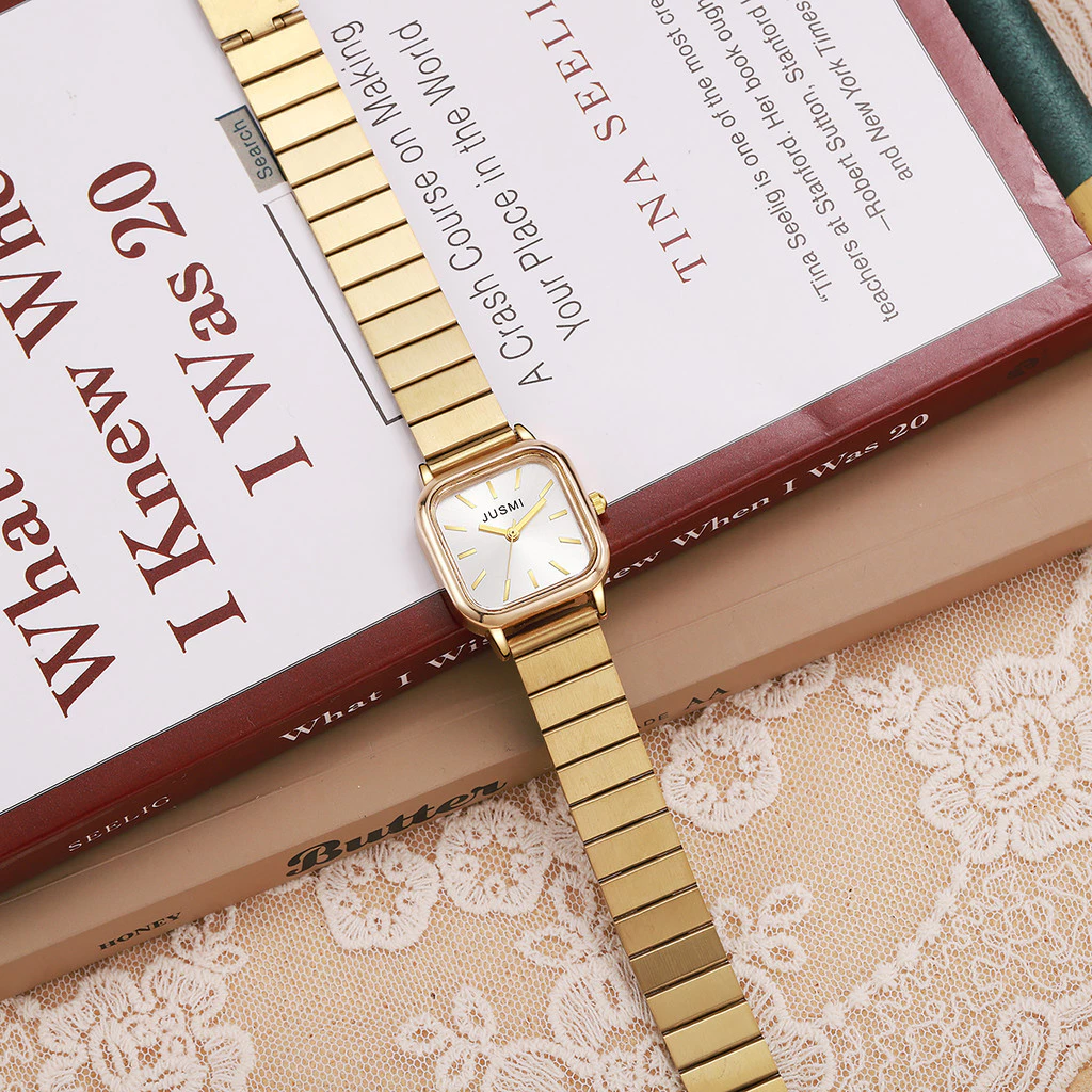 Women’s Quartz Watch — Bamboo-Style Steel Strap with Rectangular Dial (1pc/set) — Elegant.
