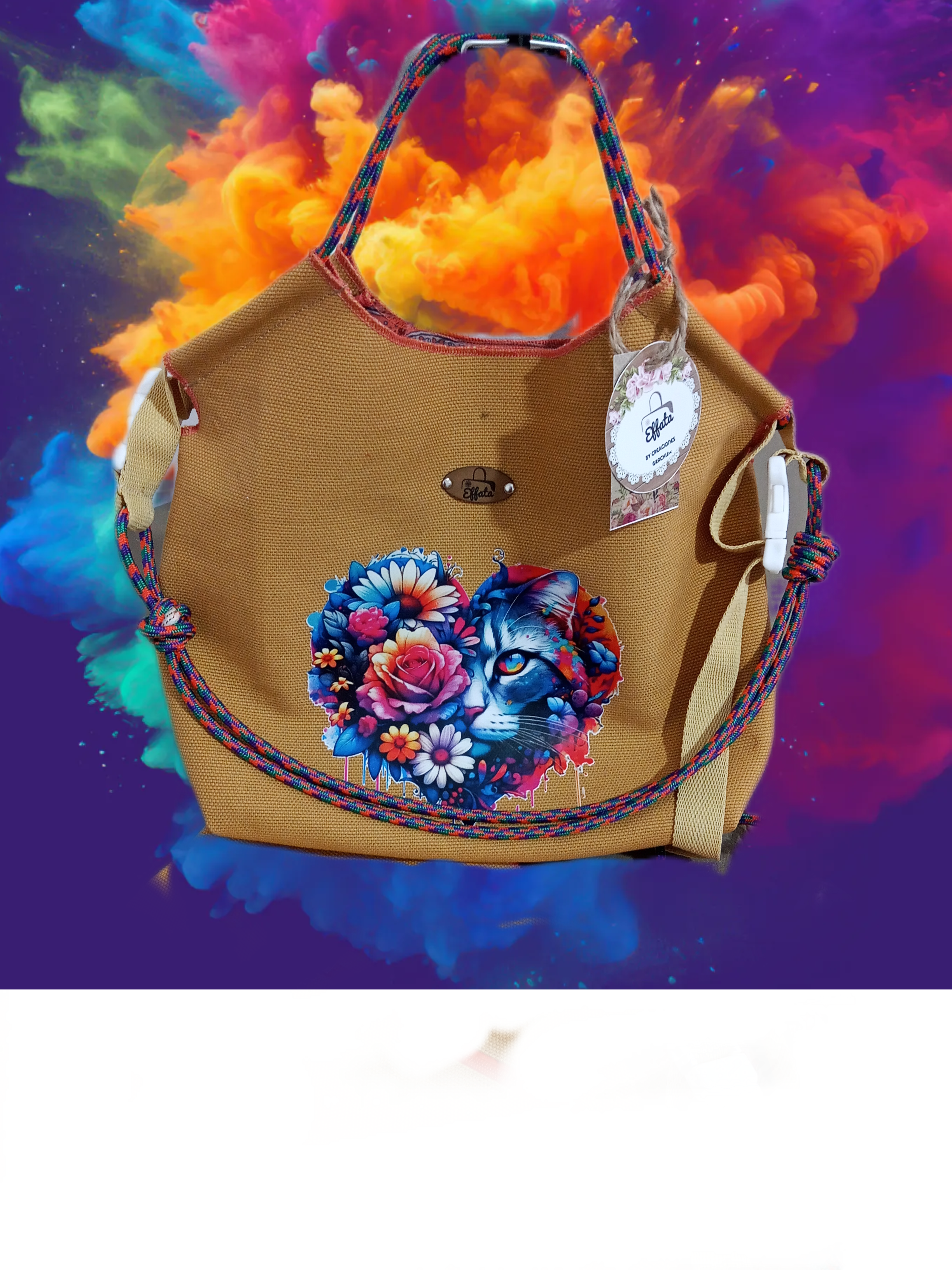 Bolso de mano con estampado de gato y flores
