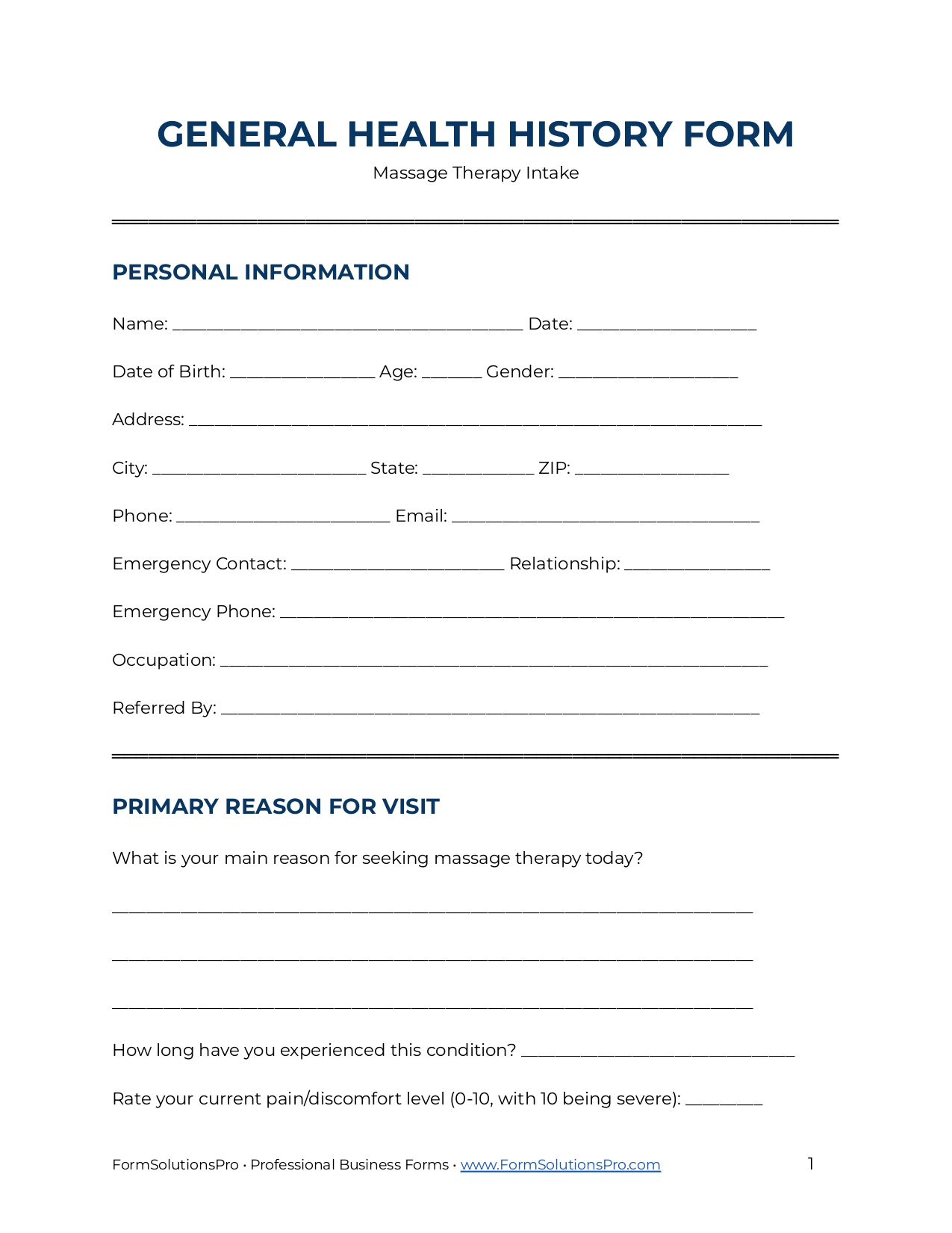 Comprehensive Health History Form