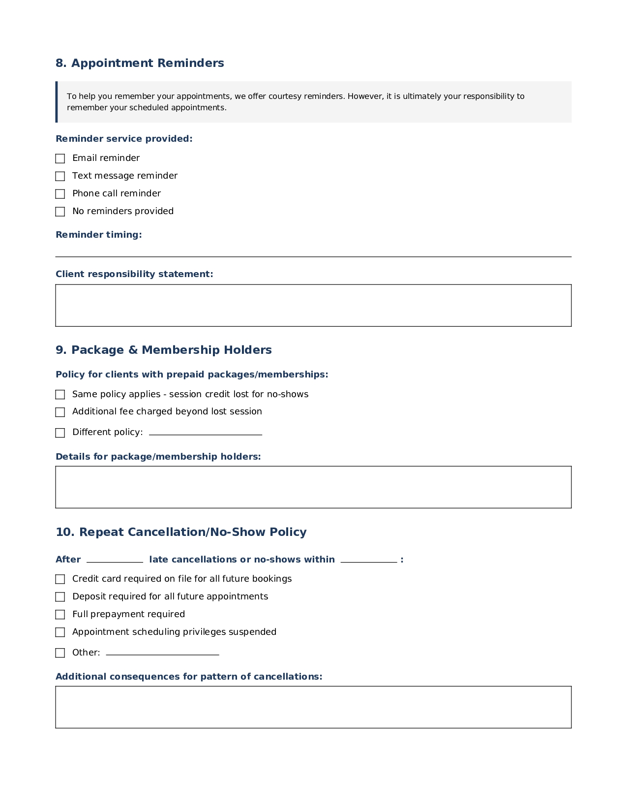 Client Cancellation No-Show Policy Form for Massage Therapy