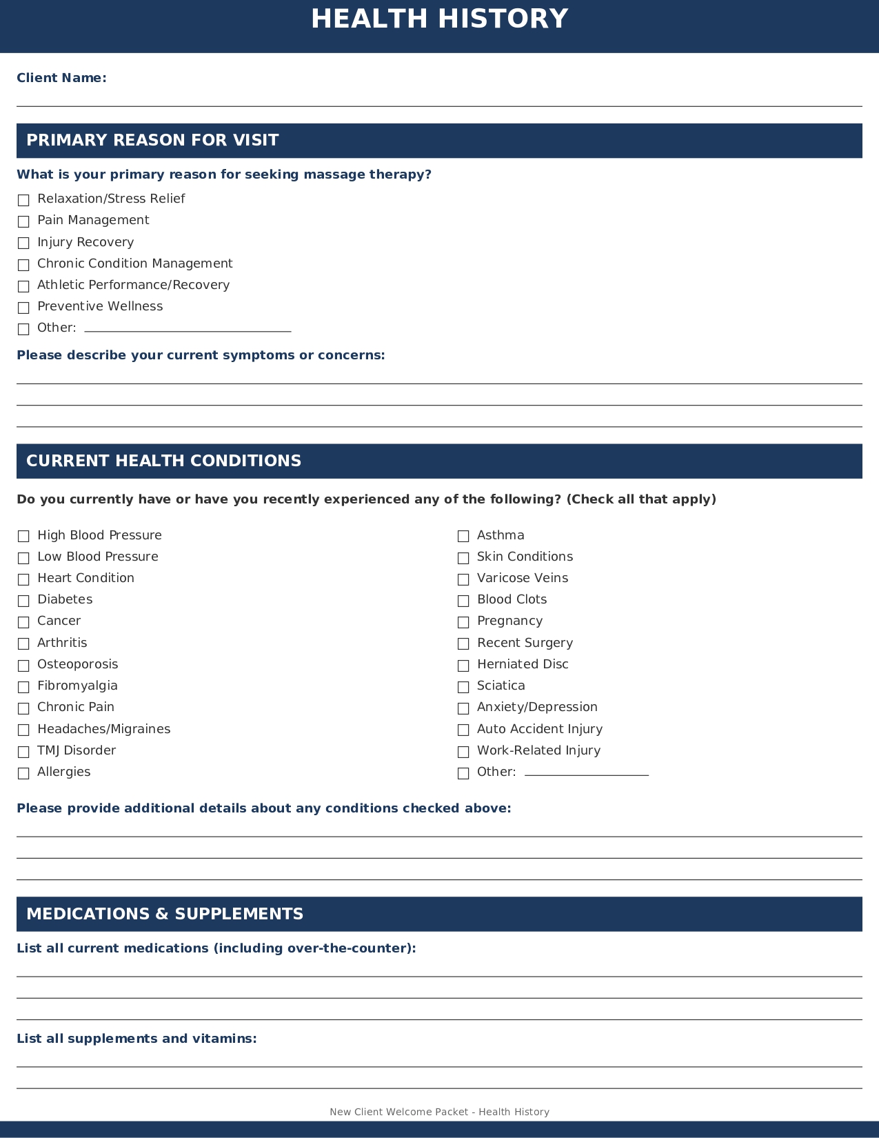 New Client Welcome Packet for Massage Therapy Practice
