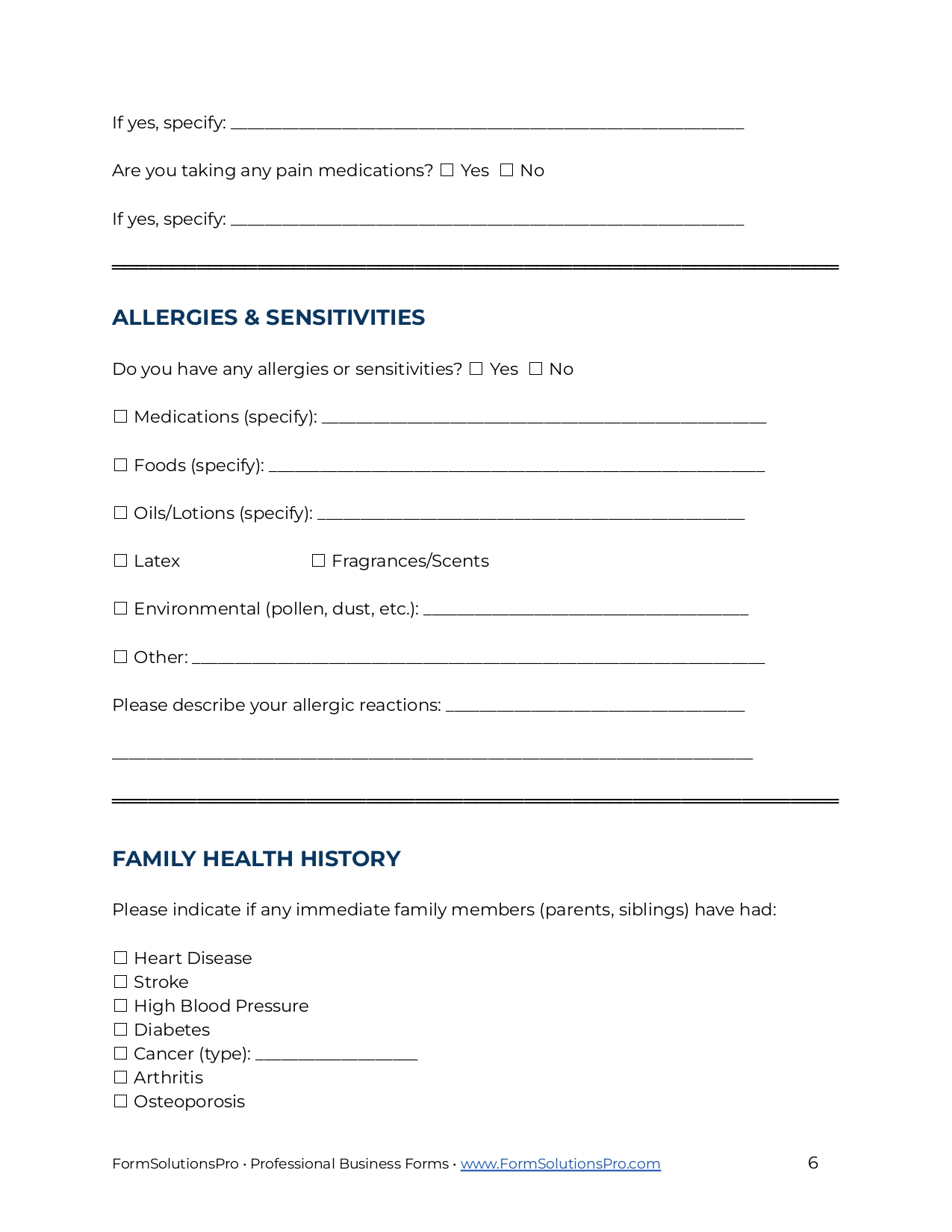 Comprehensive Health History Form