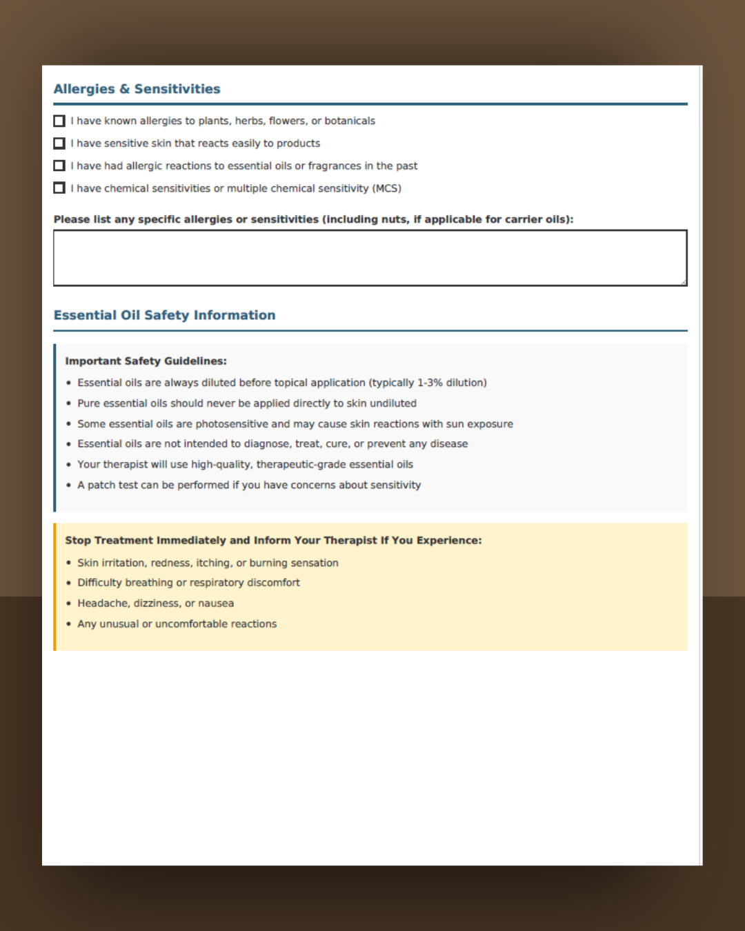 Aromatherapy Consent Form