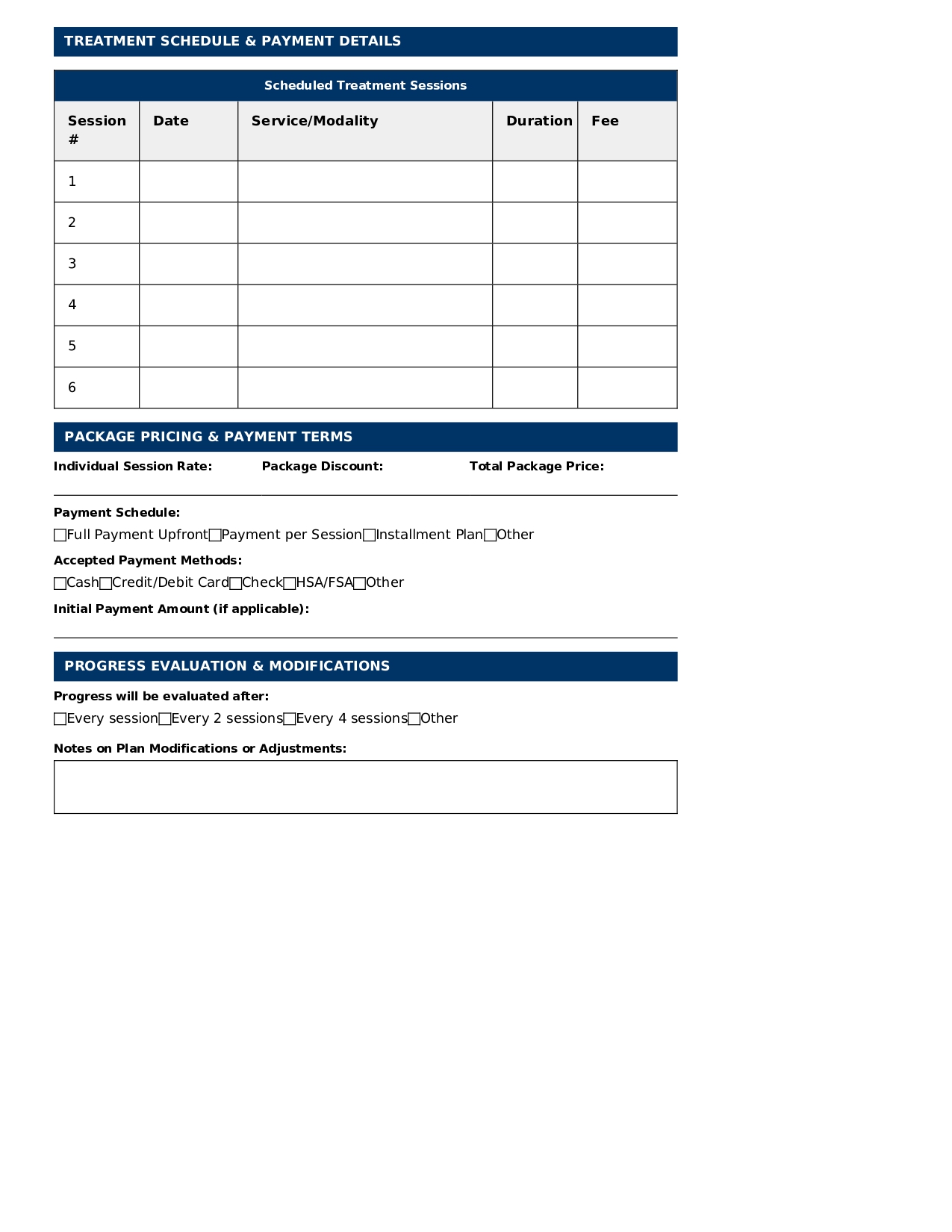 Treatment Plan Agreement Form for Massage Therapy 