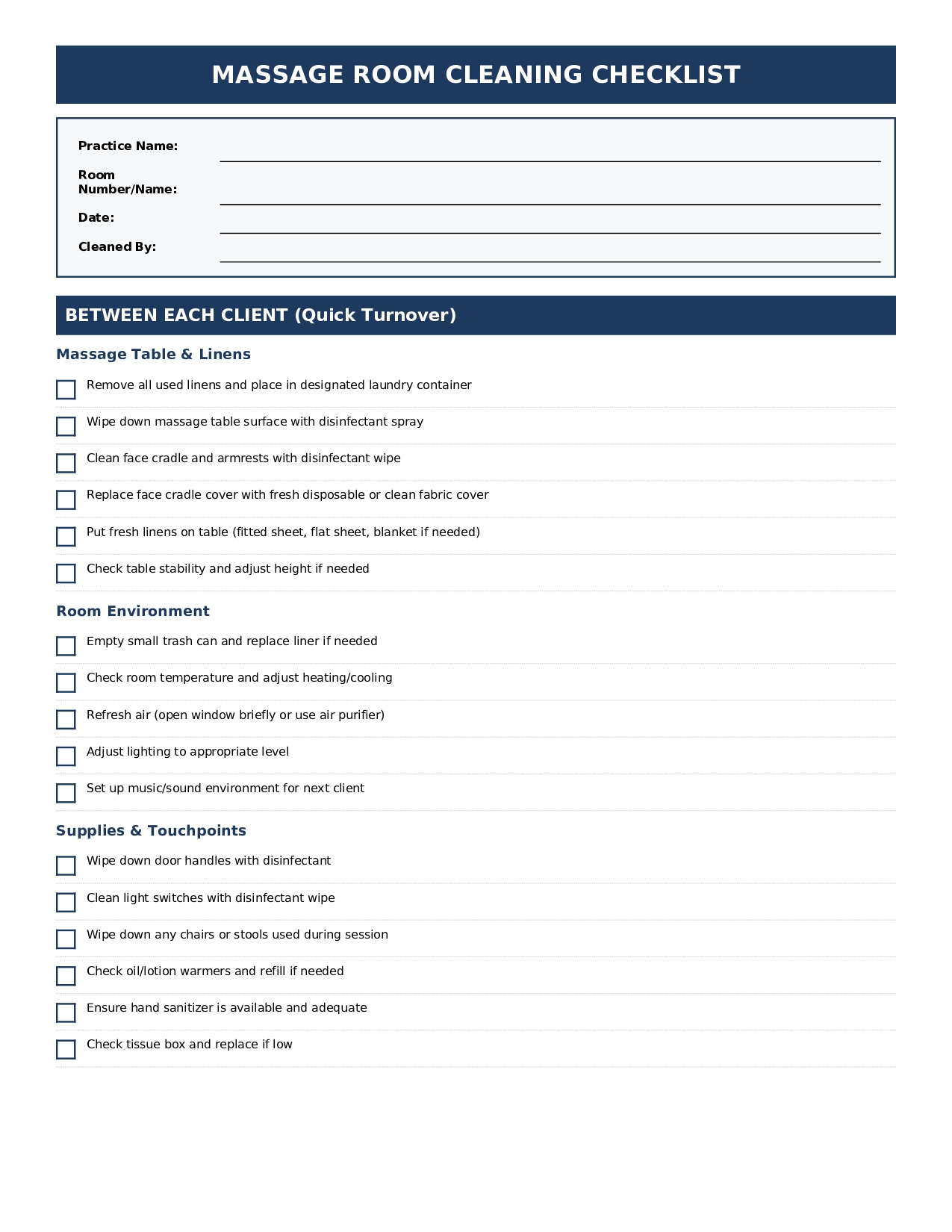 Massage Room Cleaning Checklist