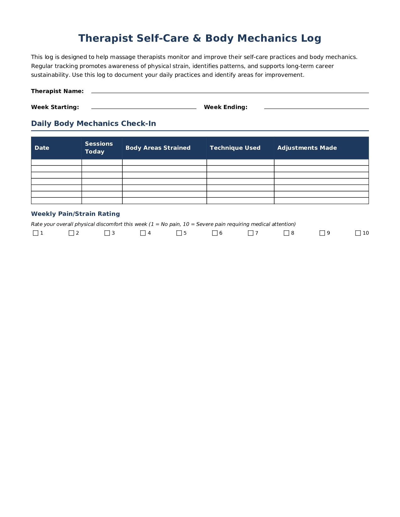 Therapist Self-Care Log