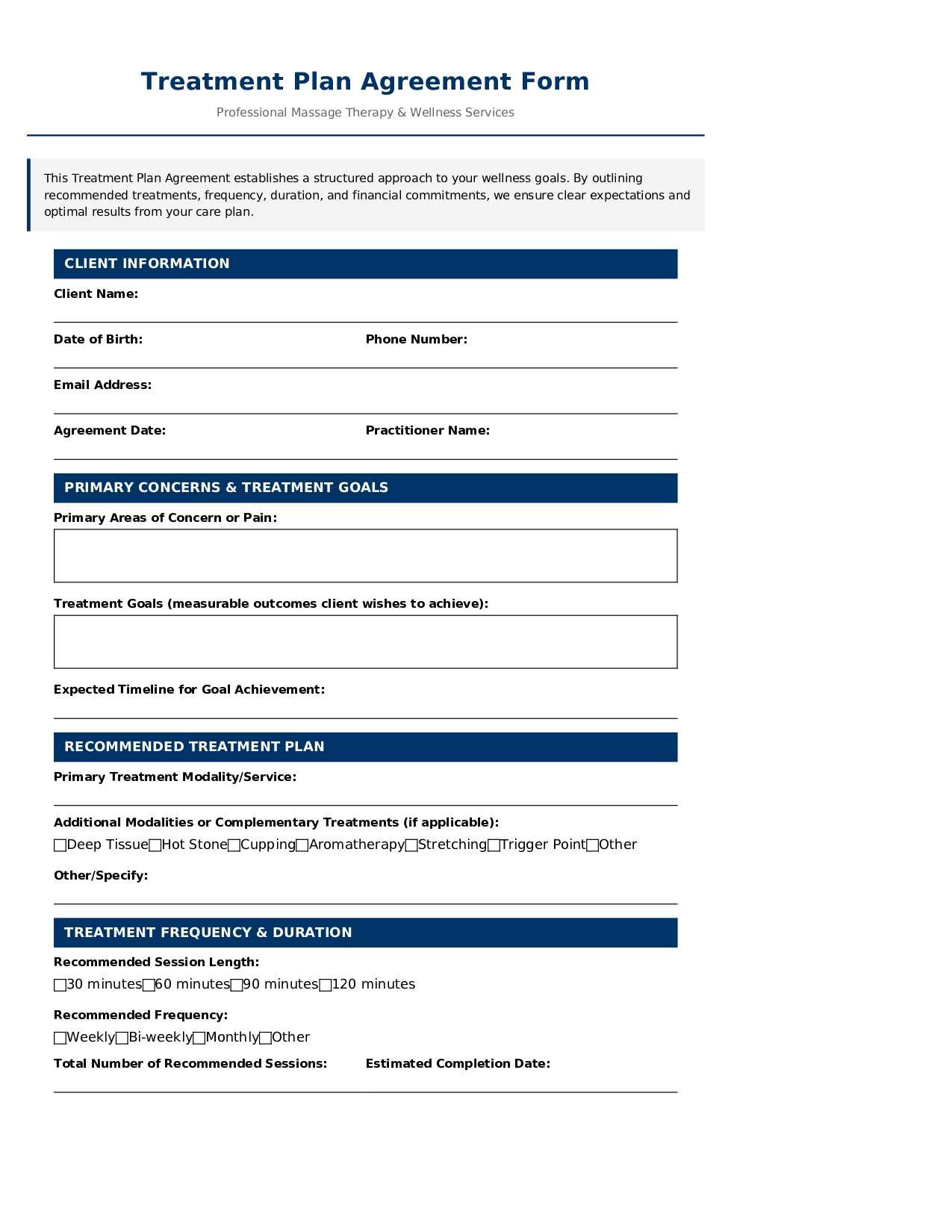 Treatment Plan Agreement Form for Massage Therapy 