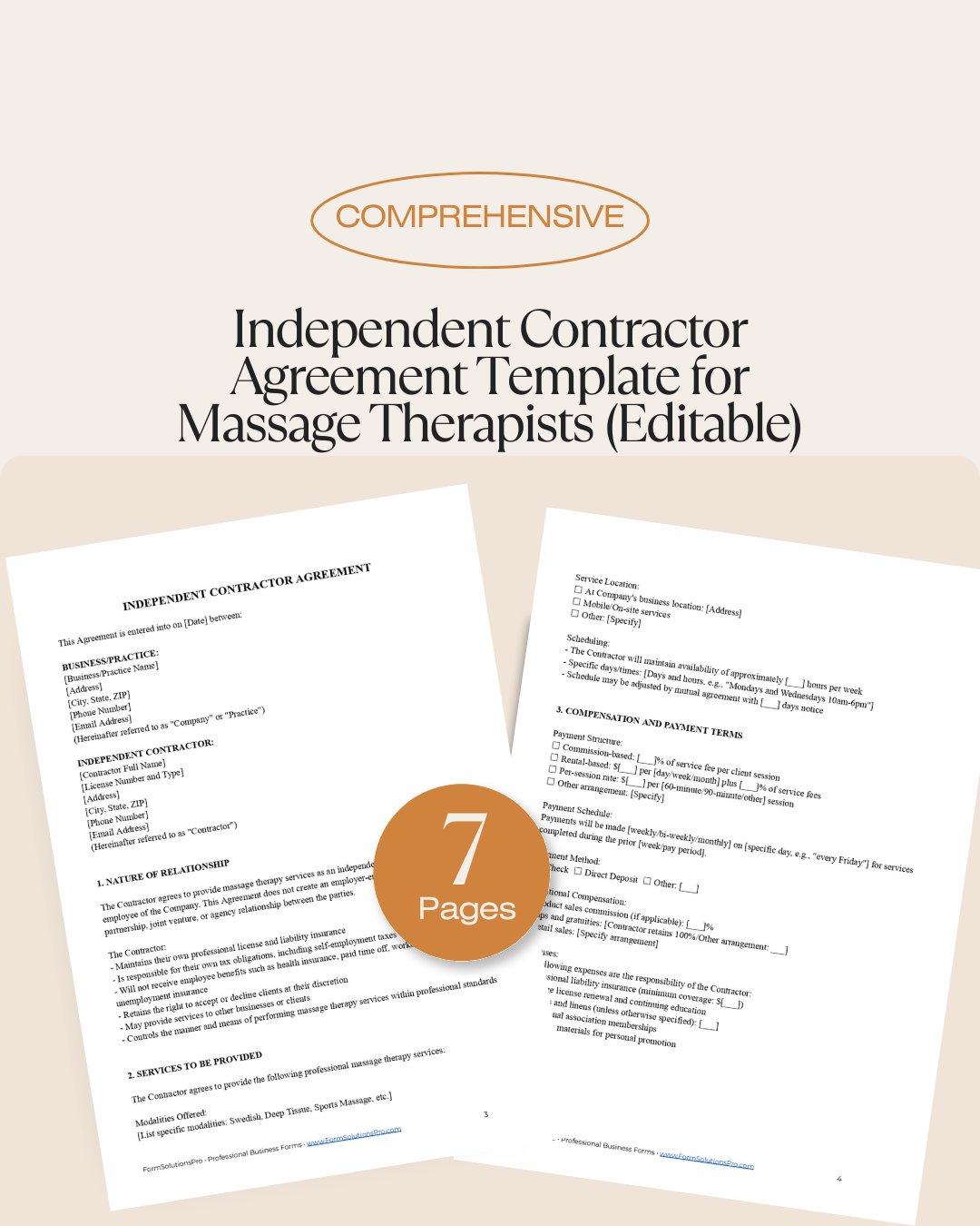 Independent Contractor Agreement Template for Massage Therapists (Editable)