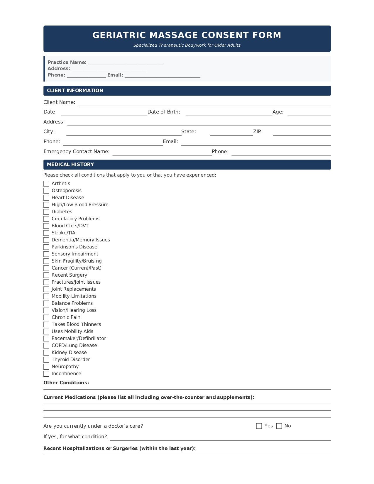 Geriatric Massage Consent Form